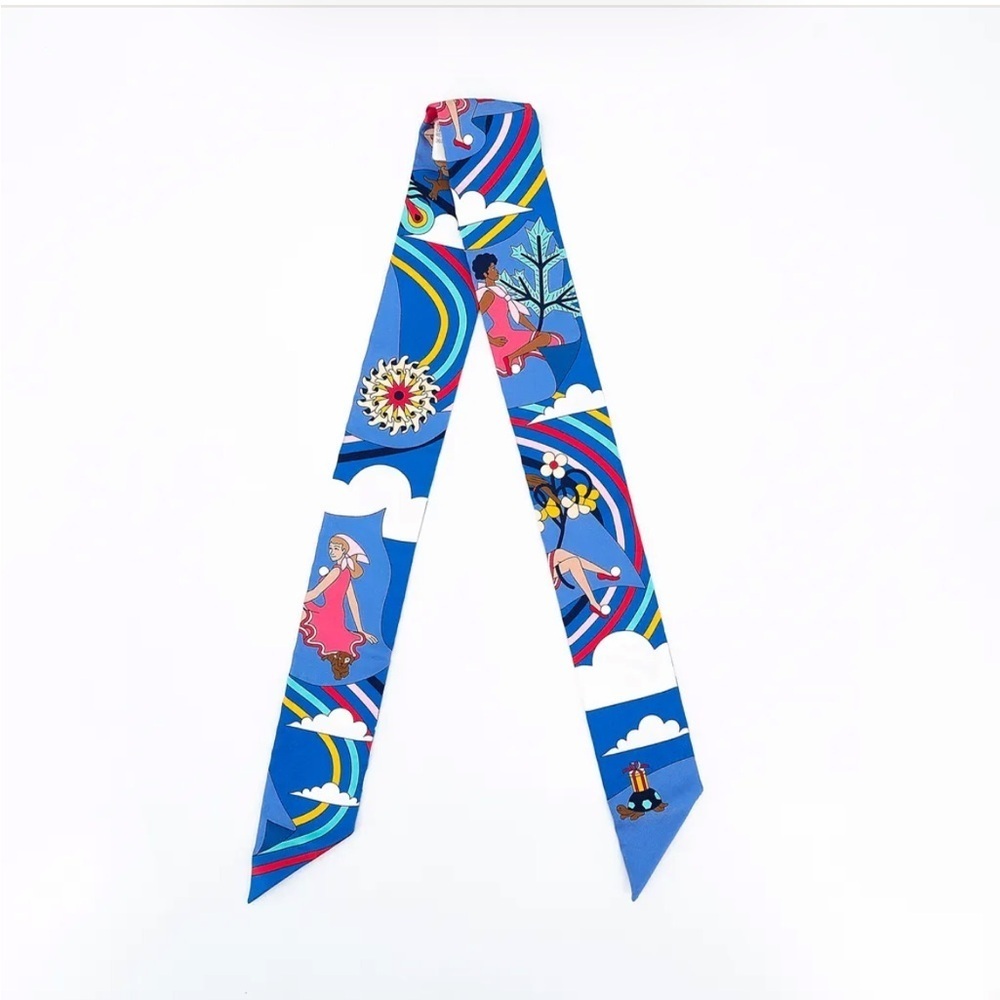 NWT Hermes le Carres Volantes silk twilly ribbon scarf Blue White Yellow - Picture 2 of 6